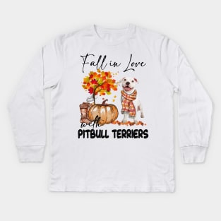 Fall In Love With Pitbull Terriers Fall Pumpkin Thanksgiving Kids Long Sleeve T-Shirt